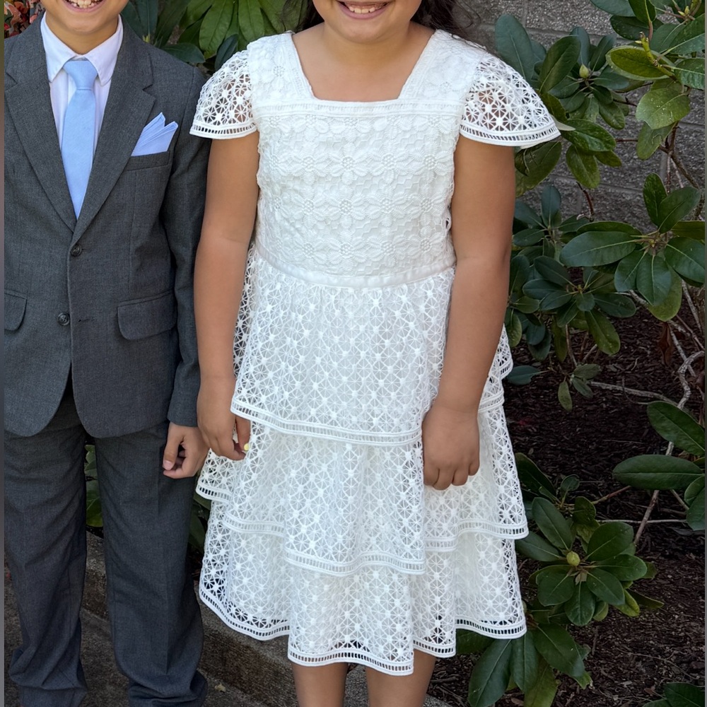 Kensie Girl White Lace Tiered Dress with Square Neck